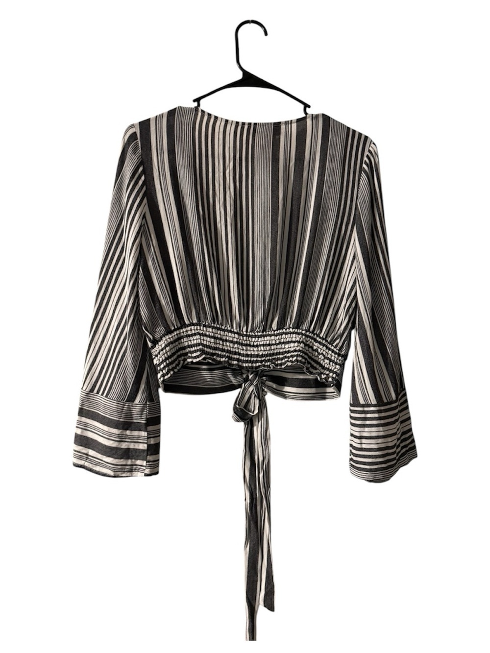 Flying Tomato Black & White Striped Tie Front Bell Sleeve Crop Top NWT - Picture 2 of 4
